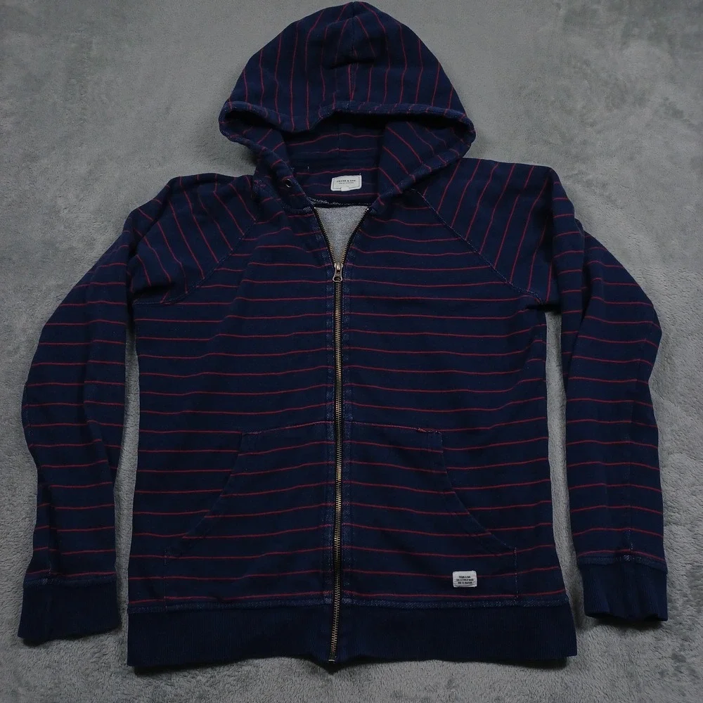 Frank Oak Jacket Mens Medium Blue Striped Full ZIp Hooded Long Sleeve Preppy‎